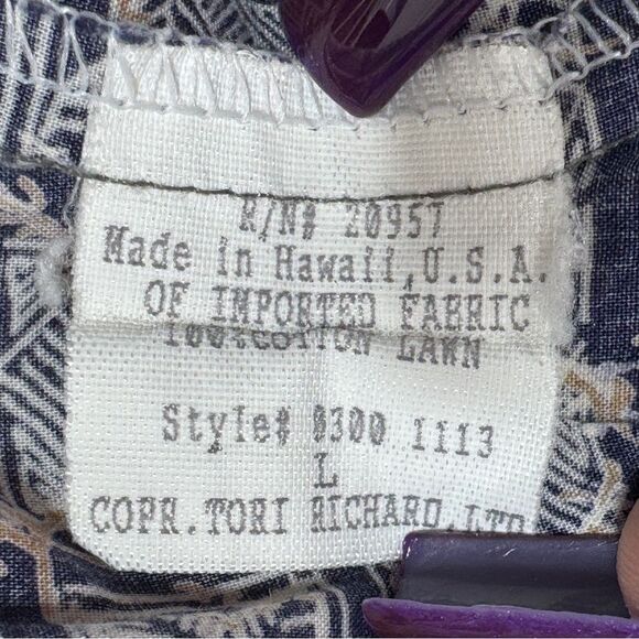 Tori Richard Tropical Print Cotton Lawn Button Up Camp Hawaiian Shirt Blue Large - Picture 9 of 11